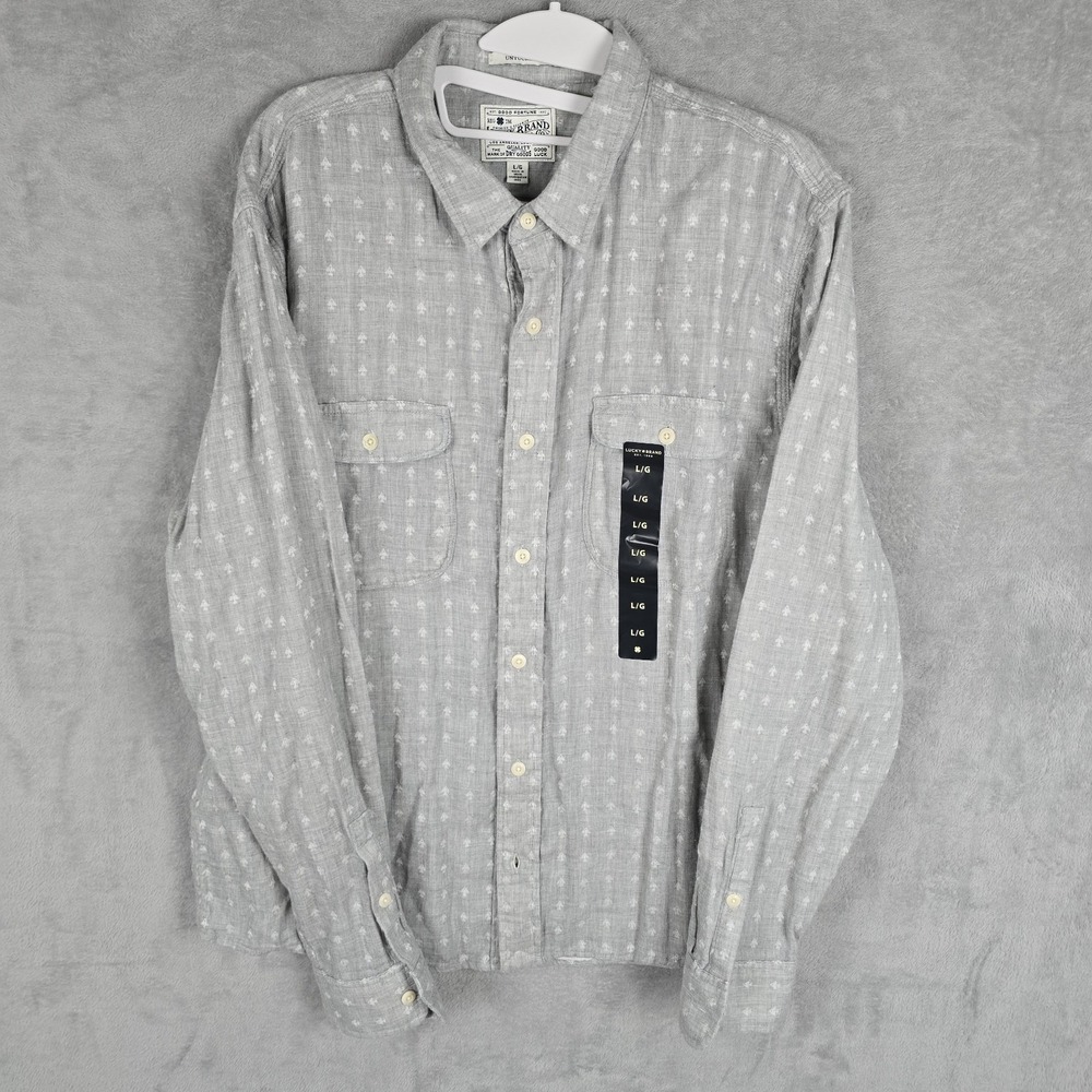 Lucky Brand Mens Untucked‎ Fit Gray Geometric Cotton Button Down Shirt Large NEW